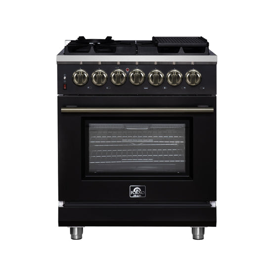 Forno FFSGS612530BLK Forno Massimo 30-Inch Freestanding Dual Fuel Range In Black With Antique Brass Accessories, 4 Burners, 4.32 Cu. Ft. Convection Oven