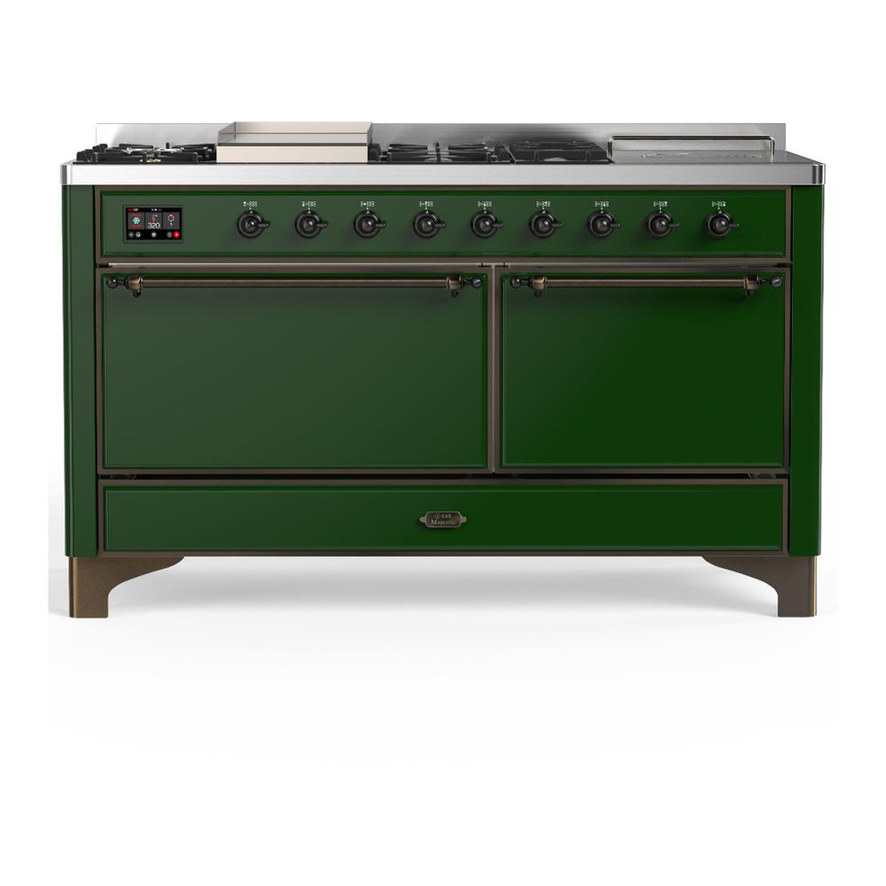 Ilve UM60FSQNR3EGBLP Ilve Um60Fsqnr3Egblp Majestic Iii 60 Inch Dual Fuel Range With 7 Burners, Griddle And French Top, Dual Function Burner With Up To 25,000 Btu (Liquid Propane, Solid Door, Emerald Green, Burnished)