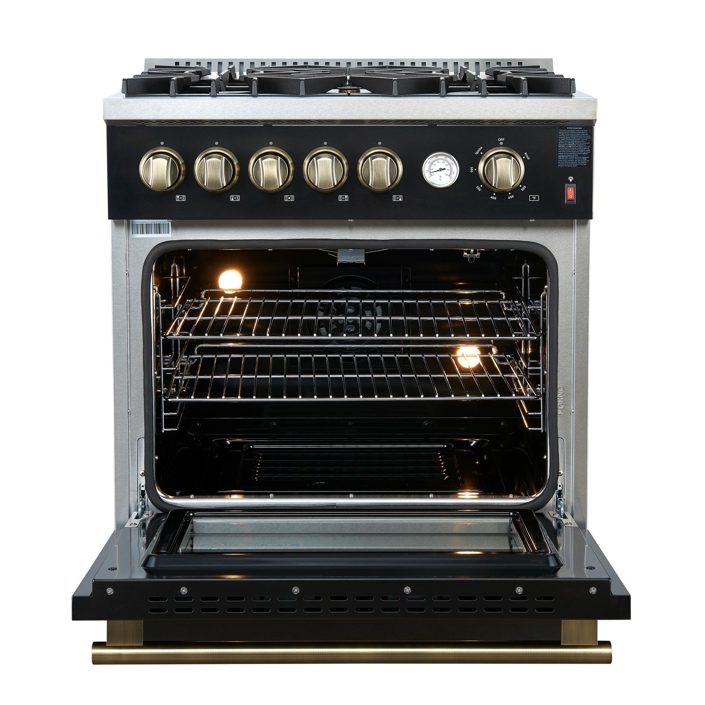 Forno FFSGS627430BLK Giovanni 30-Inch Gas Range Black & Antique Brass Design, 5 Burners 67,000 Btu, 4.32 Cu.Ft. Convection Oven