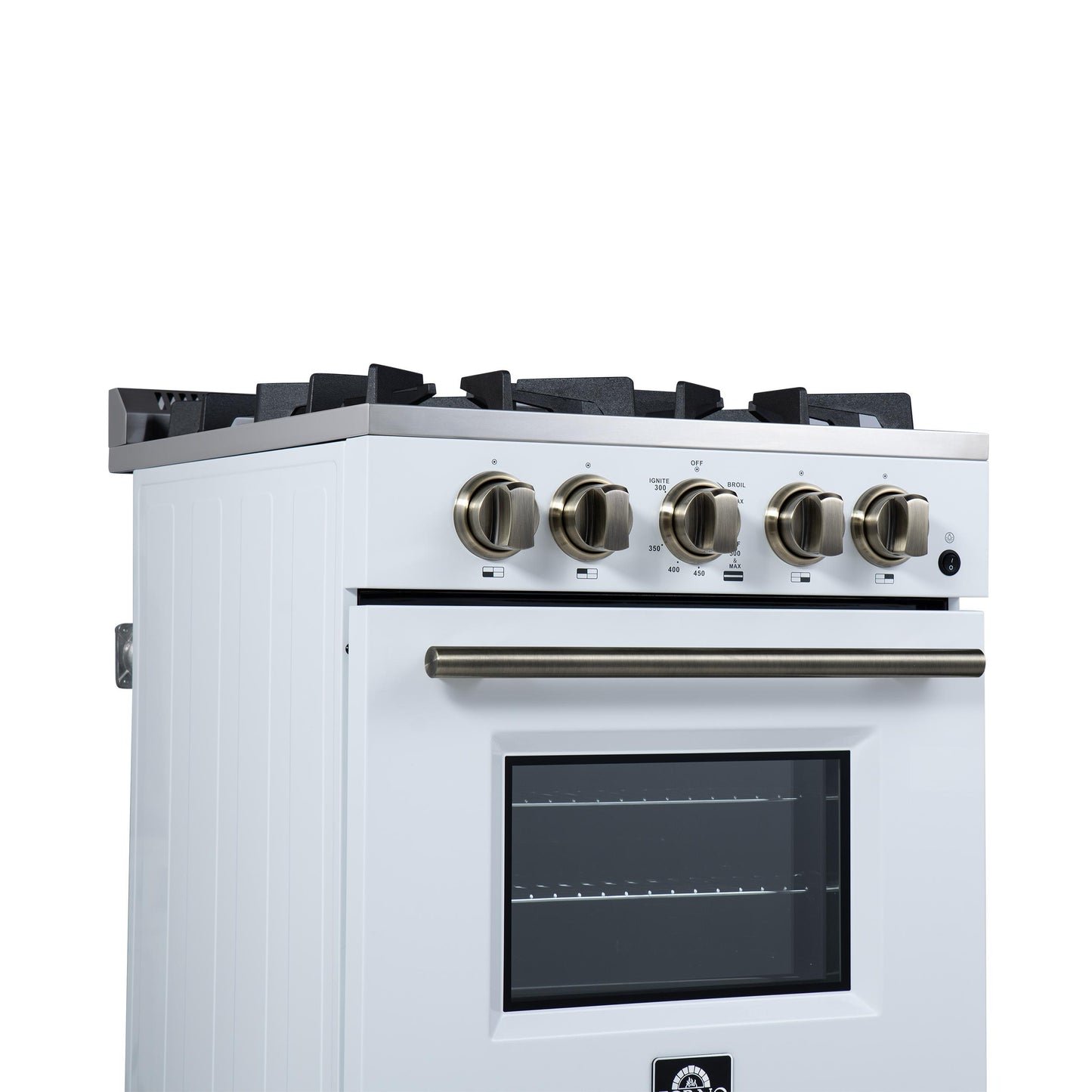 Forno FFSGS627224WHT Forno Breno 24 Inch Freestanding Gas Range In White With Antique Brass, Compact Design