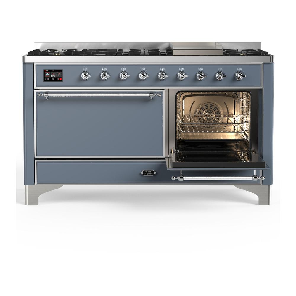 Ilve UM60FQNR3BGCLP Ilve Um60Fqnr3Bgclp Majestic Iii 60 Inch Dual Fuel Range With 9 Burners And Griddle, Dual Function Burner Up To 25,000 Btu (Liquid Propane, Solid Door, Blue Grey, Chrome)