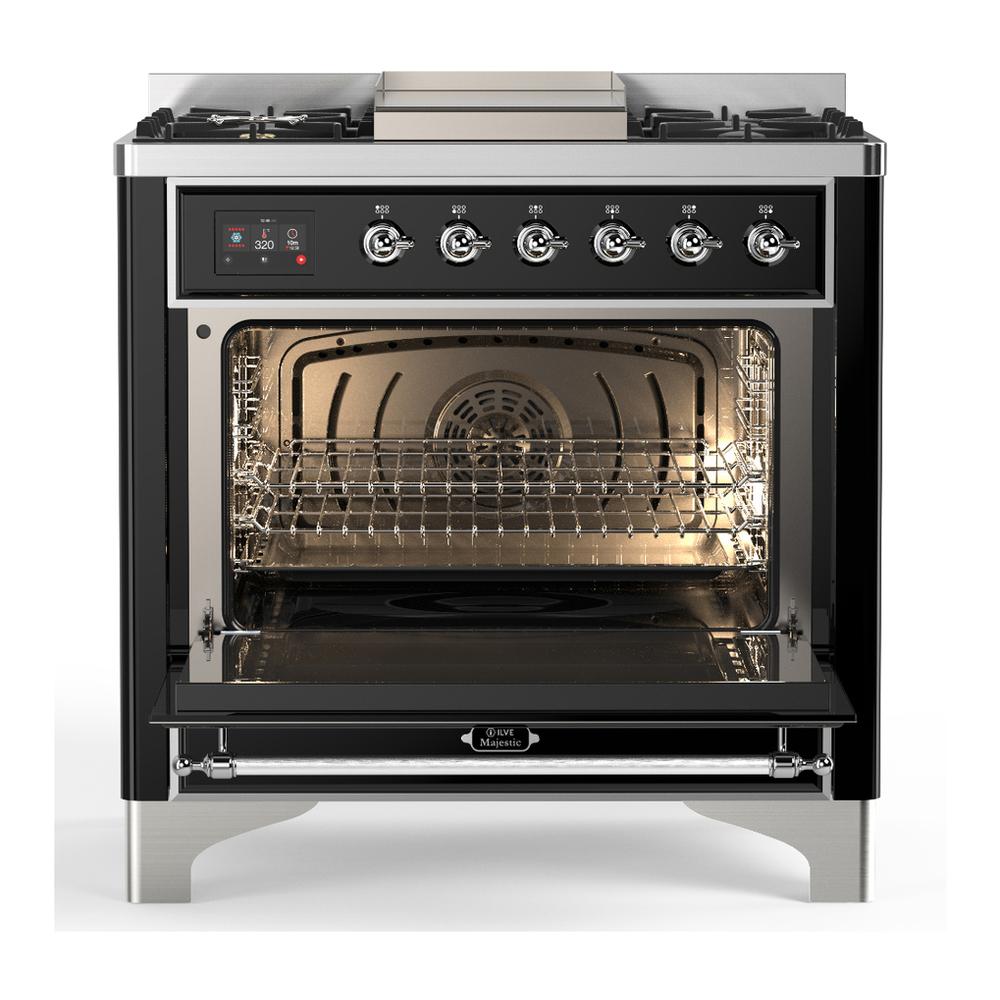 Ilve UM36FNR3BKCLP Ilve Um36Fnr3Bkclp Majestic Iii 36 Inch Dual Fuel Range With 6 Black Brass Burners And Griddle, Dual Function Burner Up To 25,000 Btu (Triple Glass Door, Glossy Black, Chrome, Liquid Propane)