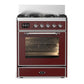 Ilve UM30NR3BUC Ilve Um30Nr3Buc Majestic Iii 30 Inch Dual Fuel Range With 5 Black Brass Burners, Dual Function Burner Up To 25,000 Btu (Natural Gas, Triple Glass Door, Burgundy, Chrome)
