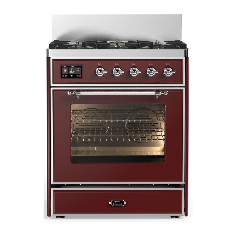 Ilve UM30NR3BUC Ilve Um30Nr3Buc Majestic Iii 30 Inch Dual Fuel Range With 5 Black Brass Burners, Dual Function Burner Up To 25,000 Btu (Natural Gas, Triple Glass Door, Burgundy, Chrome)