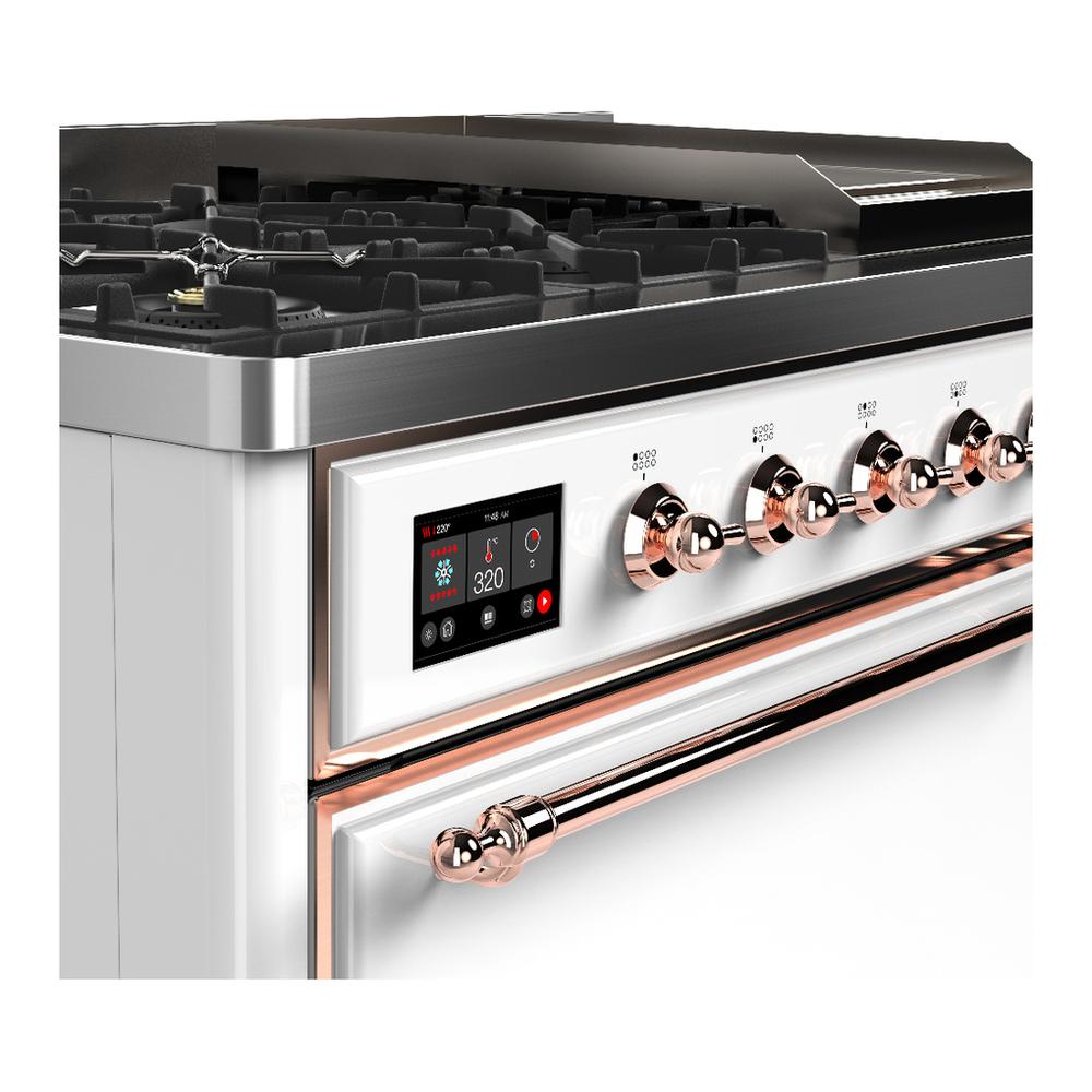 Ilve UM48FQNR3WHP Ilve Um48Fqnr3Whp Majestic Iii 48 Inch Dual Fuel Range With 8 Burners And Griddle, Dual Function Burner Up To 25,000 Btu (Natural Gas, Solid Door, White, Copper)