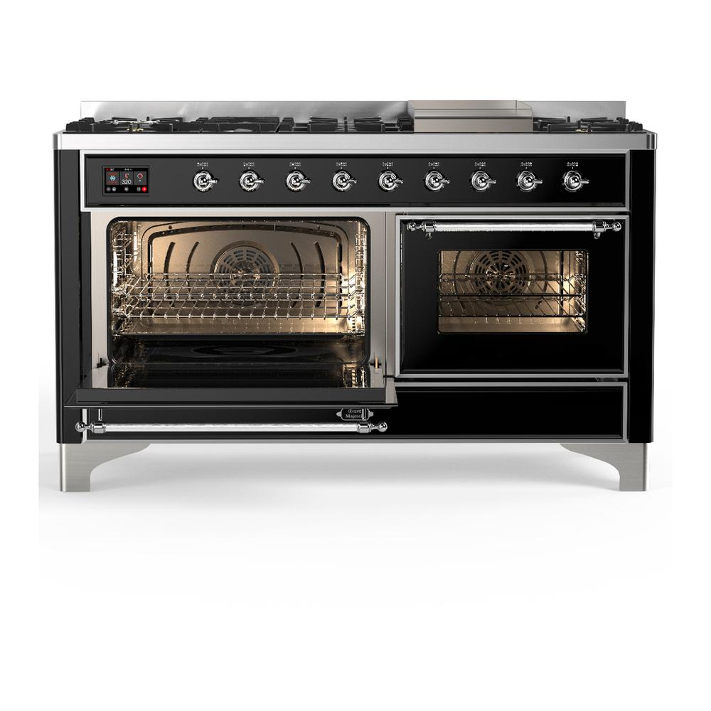 Ilve UM60FNR3BKCLP Ilve Um60Fnr3Bkclp Majestic Iii 60 Inch Dual Fuel Range With 9 Burners And Griddle, Dual Function Burner Up To 25,000 Btu (Liquid Propane, Triple Glass Door, Glossy Black, Chrome)