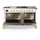 Ilve UM60FSNR3WHG Ilve Um60Fsnr3Whg Majestic Iii 60 Inch Dual Fuel Range With 7 Burners, Griddle And French Top, Dual Function Burner With Up To 25,000 Btu (Natural Gas, Triple Glass Door, White, Brass)
