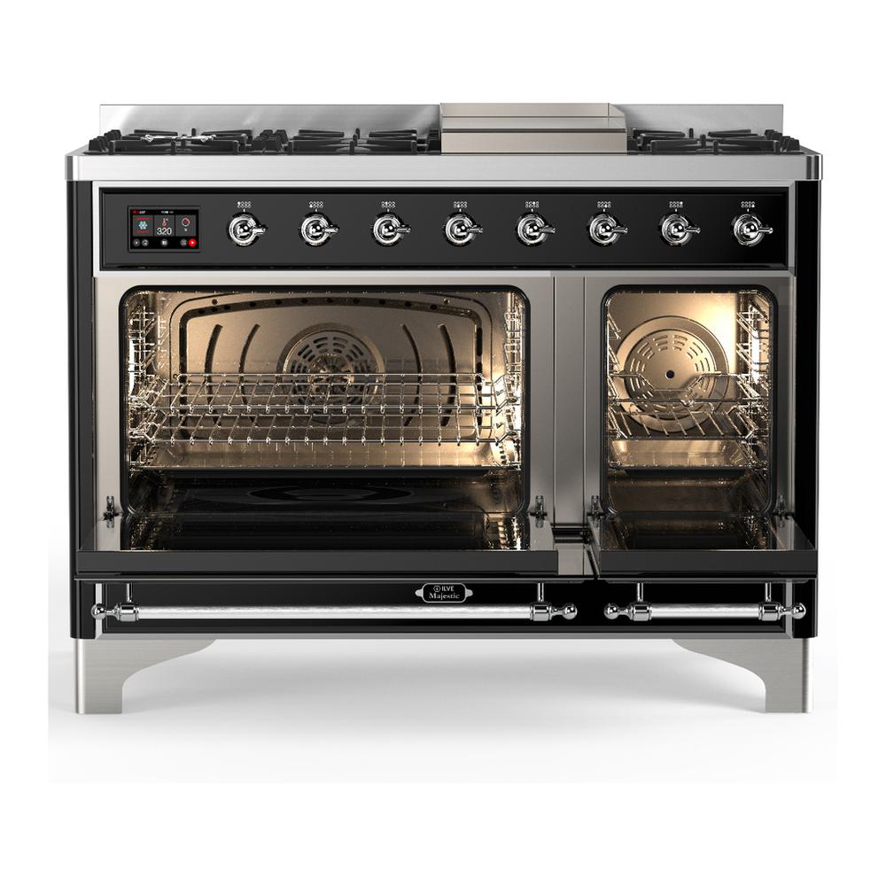 Ilve UM48FNR3BKCLP Ilve Um48Fnr3Bkclp Majestic Iii 48 Inch Dual Fuel Range With 8 Burners And Griddle, Dual Function Burner Up To 25,000 Btu (Liquid Propane, Triple Glass Door, Glossy Black, Chrome)