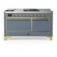 Ilve UM60FSQNR3BGGLP Ilve Um60Fsqnr3Bgglp Majestic Iii 60 Inch Dual Fuel Range With 7 Burners, Griddle And French Top, Dual Function Burner With Up To 25,000 Btu (Liquid Propane, Solid Door, Blue Grey, Brass)