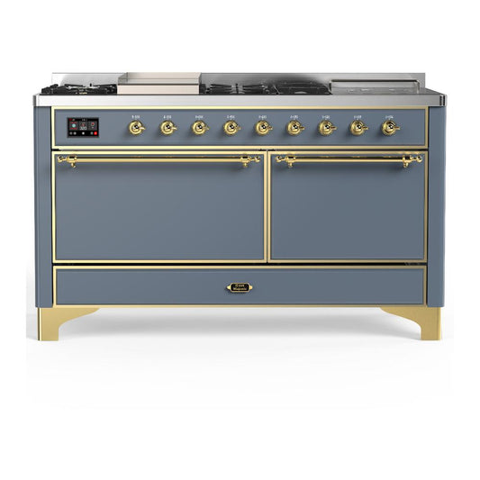 Ilve UM60FSQNR3BGGLP Ilve Um60Fsqnr3Bgglp Majestic Iii 60 Inch Dual Fuel Range With 7 Burners, Griddle And French Top, Dual Function Burner With Up To 25,000 Btu (Liquid Propane, Solid Door, Blue Grey, Brass)