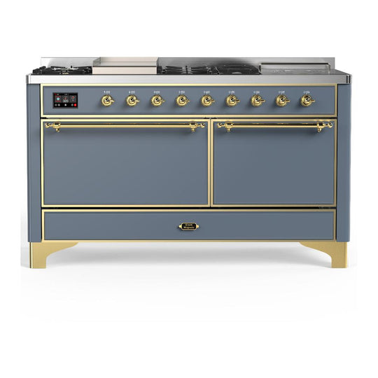Ilve UM60FSQNR3BGGLP Ilve Um60Fsqnr3Bgglp Majestic Iii 60 Inch Dual Fuel Range With 7 Burners, Griddle And French Top, Dual Function Burner With Up To 25,000 Btu (Liquid Propane, Solid Door, Blue Grey, Brass)