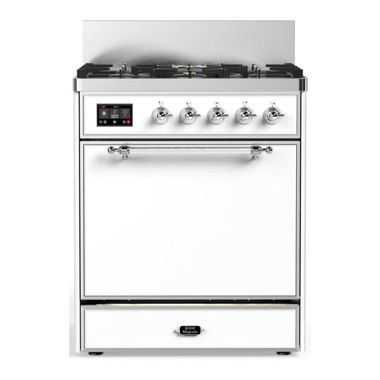 Ilve UM30QNR3WHC Ilve Um30Qnr3Whc Majestic Iii 30 Inch Dual Fuel Range With 5 Black Brass Burners, Dual Function Burner Up To 25,000 Btu (Natural Gas, Solid Door, White, Chrome)