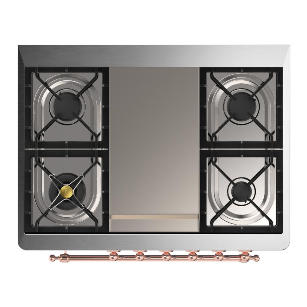 Ilve UM36FQNR3BUP Ilve Um36Fqnr3Bup Majestic Iii 36 Inch Dual Fuel Range With 6 Black Brass Burners And Griddle, Dual Function Burner Up To 25,000 Btu (Solid Door, Burgundy, Copper, Natural Gas)