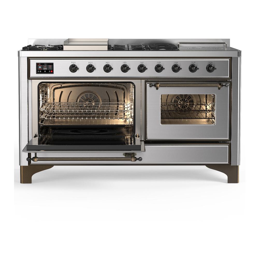 Ilve UM60FSNR3SSB Ilve Um60Fsnr3Ssb Majestic Iii 60 Inch Dual Fuel Range With 7 Burners, Griddle And French Top, Dual Function Burner With Up To 25,000 Btu (Natural Gas, Triple Glass Door, Stainless Steel, Burnished)
