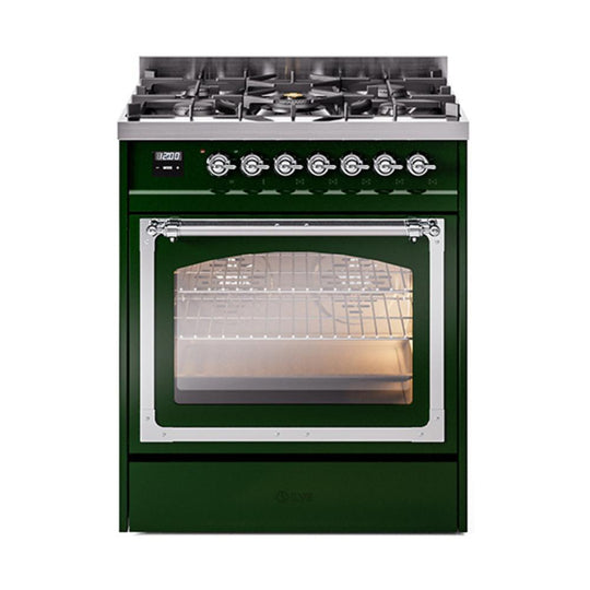 Ilve UN30NMPEGCLP Ilve Un30Nmpegclp Nostalgie Ii Noblesse 30" Dual Fuel Range (Liquid Propane, Triple Glass Door, Emerald Green, Chrome)