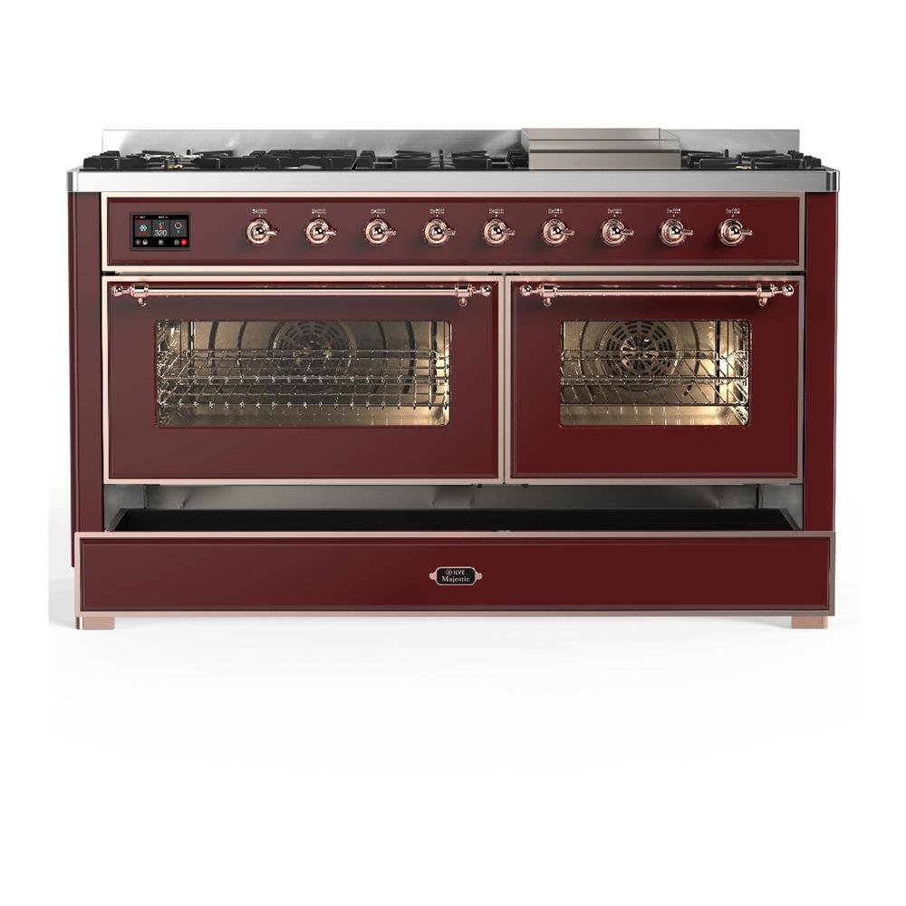 Ilve UM60FNR3BUP Ilve Um60Fnr3Bup Majestic Iii 60 Inch Dual Fuel Range With 9 Burners And Griddle, Dual Function Burner Up To 25,000 Btu (Natural Gas, Triple Glass Door, Burgundy, Copper)