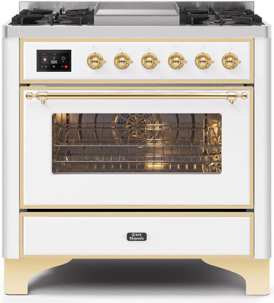 Ilve UM09FDNS3WHG Majestic Ii 36 Inch Dual Fuel Natural Gas Freestanding Range In White With Brass Trim