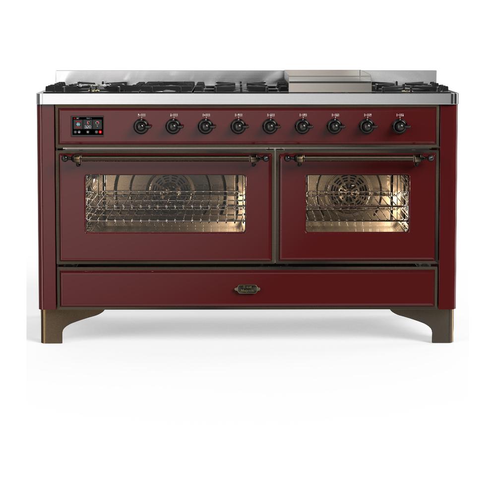 Ilve UM60FNR3BUB Ilve Um60Fnr3Bub Majestic Iii 60 Inch Dual Fuel Range With 9 Burners And Griddle, Dual Function Burner Up To 25,000 Btu (Natural Gas, Triple Glass Door, Burgundy, Burnished)