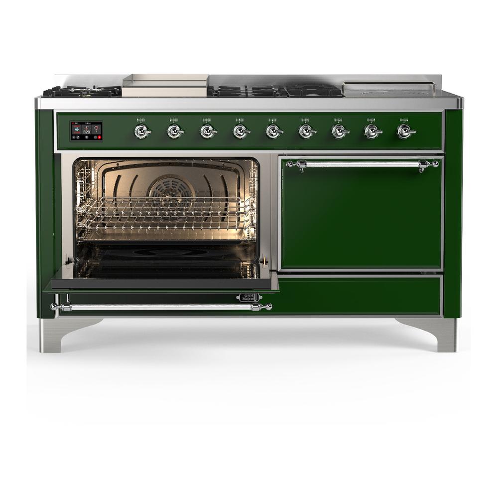 Ilve UM60FSQNR3EGC Ilve Um60Fsqnr3Egc Majestic Iii 60 Inch Dual Fuel Range With 7 Burners, Griddle And French Top, Dual Function Burner With Up To 25,000 Btu (Natural Gas, Solid Door, Emerald Green, Chrome)