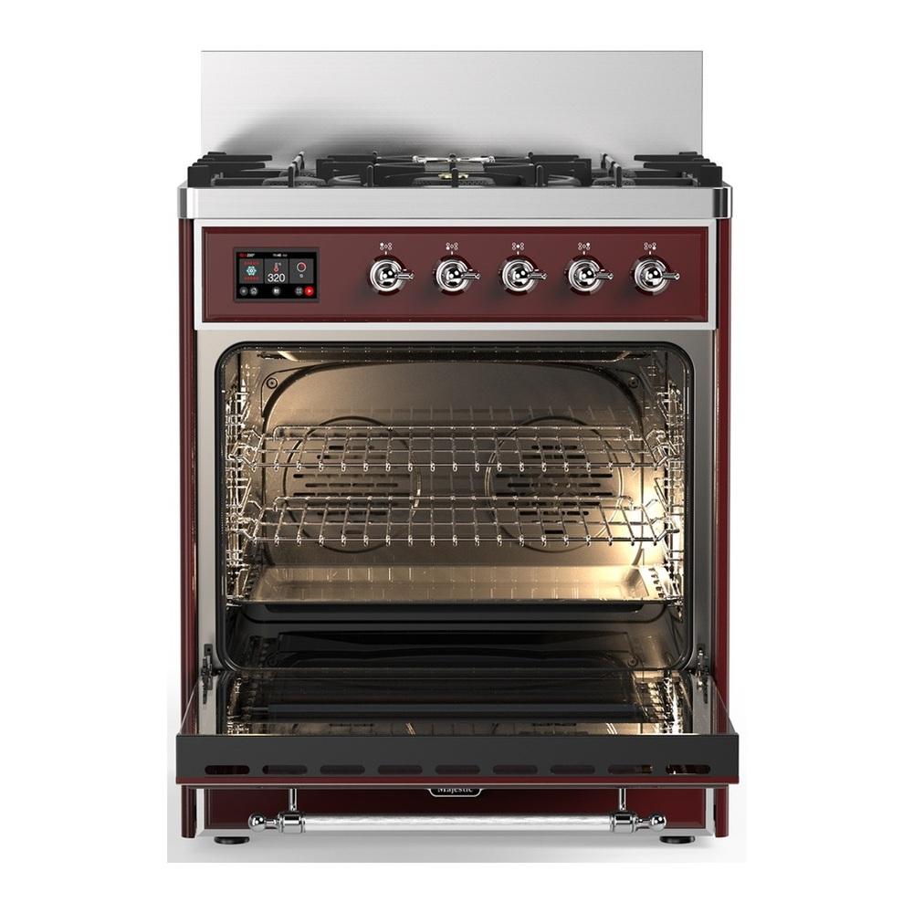 Ilve UM30QNR3BUC Ilve Um30Qnr3Buc Majestic Iii 30 Inch Dual Fuel Range With 5 Black Brass Burners, Dual Function Burner Up To 25,000 Btu (Natural Gas, Solid Door, Burgundy, Chrome)