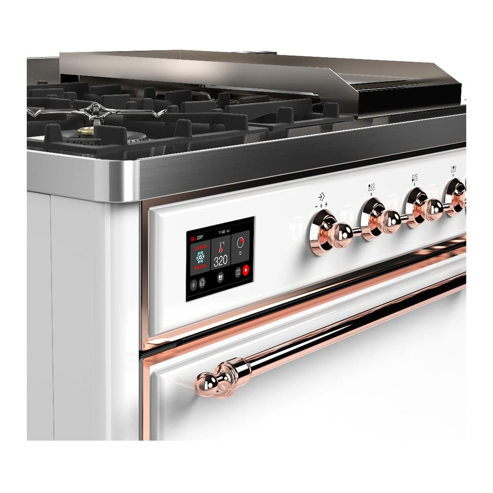 Ilve UM48FSQNR3WHPLP Ilve Um48Fsqnr3Whplp Majestic Iii 48 Inch Dual Fuel Range With 5 Black Brass Burners, Griddle And French Top, Dual Function Burner Up To 25,000 Btu (Liquid Propane, Solid Door, White, Copper)