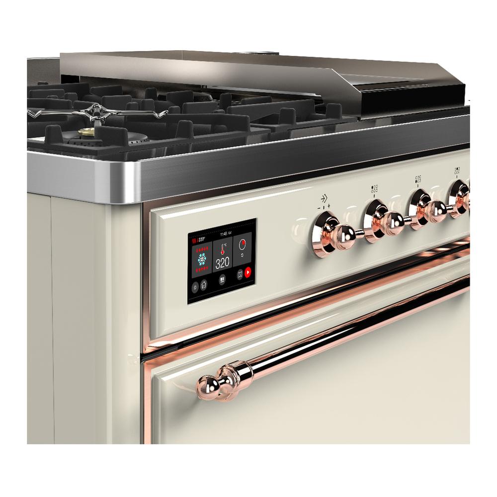Ilve UM48FSQNR3AWPLP Ilve Um48Fsqnr3Awplp Majestic Iii 48 Inch Dual Fuel Range With 5 Black Brass Burners, Griddle And French Top, Dual Function Burner Up To 25,000 Btu (Liquid Propane, Solid Door, Antique White, Copper)