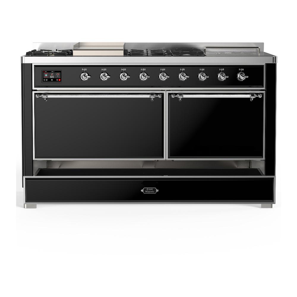 Ilve UM60FSQNR3BKCLP Ilve Um60Fsqnr3Bkclp Majestic Iii 60 Inch Dual Fuel Range With 7 Burners, Griddle And French Top, Dual Function Burner With Up To 25,000 Btu (Liquid Propane, Solid Door, Glossy Black, Chrome)