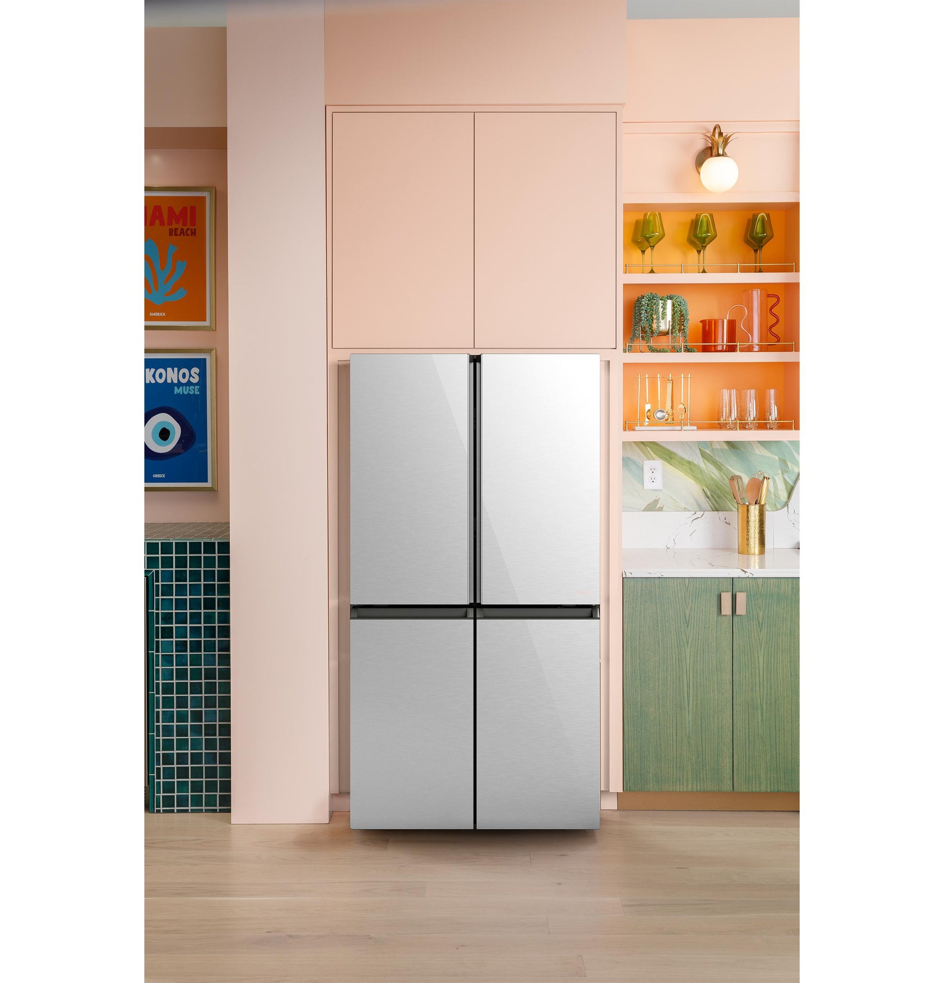Cafe CHE23DM5WS5 Café™ Energy Star® 22.9 Cu. Ft. Smart Counter-Depth Quad-Door Refrigerator In Platinum Glass With Dual-Dispense Autofill Pitcher