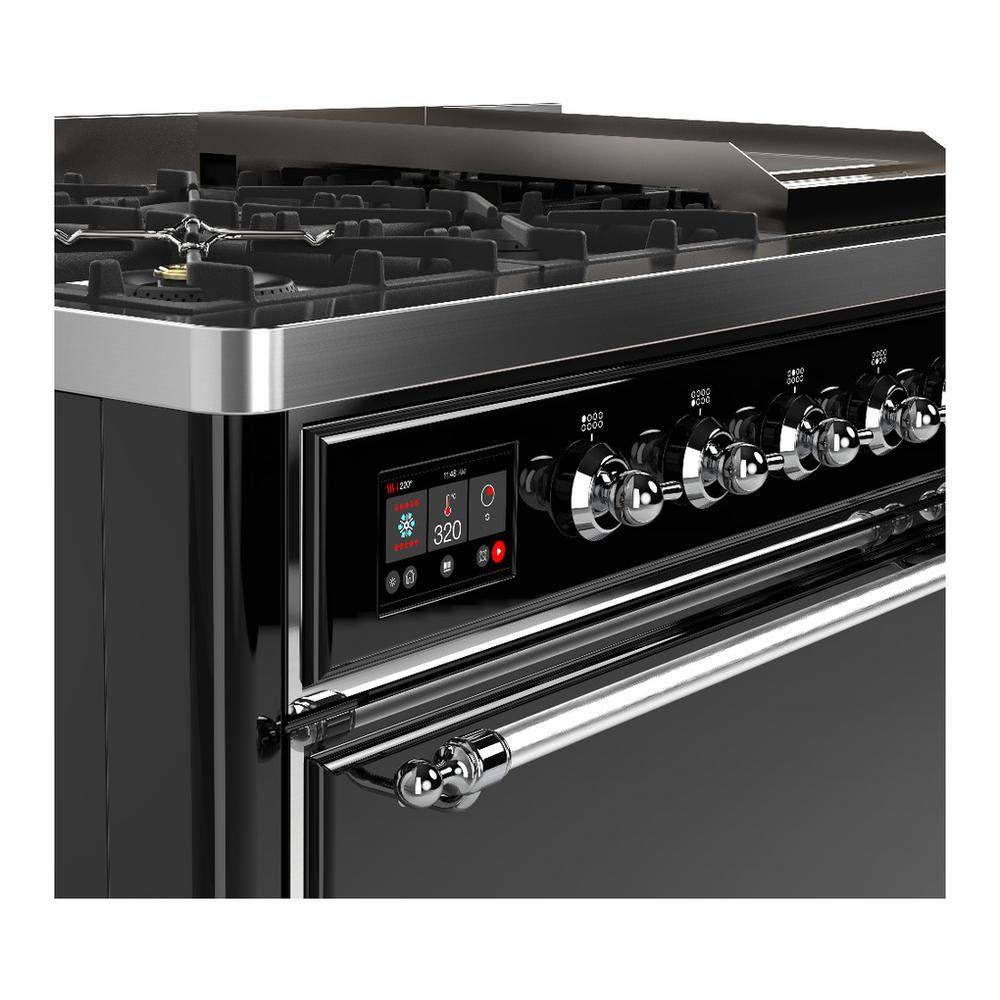 Ilve UM48FQNR3BKCLP Ilve Um48Fqnr3Bkclp Majestic Iii 48 Inch Dual Fuel Range With 8 Burners And Griddle, Dual Function Burner Up To 25,000 Btu (Liquid Propane, Solid Door, Glossy Black, Chrome)