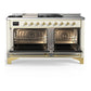 Ilve UM60FSQNR3AWGLP Ilve Um60Fsqnr3Awglp Majestic Iii 60 Inch Dual Fuel Range With 7 Burners, Griddle And French Top, Dual Function Burner With Up To 25,000 Btu (Liquid Propane, Solid Door, Antique White, Brass)