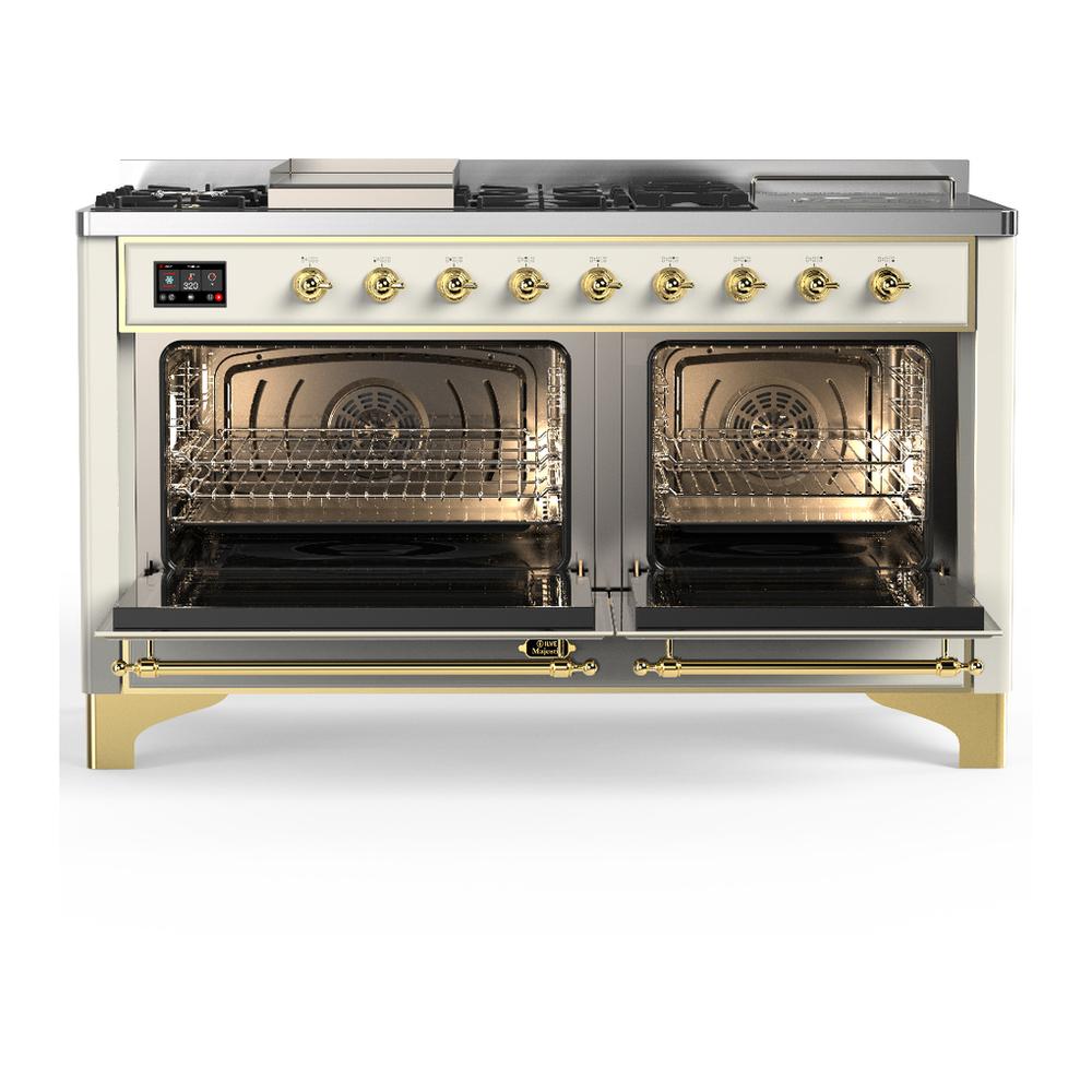 Ilve UM60FSQNR3AWGLP Ilve Um60Fsqnr3Awglp Majestic Iii 60 Inch Dual Fuel Range With 7 Burners, Griddle And French Top, Dual Function Burner With Up To 25,000 Btu (Liquid Propane, Solid Door, Antique White, Brass)