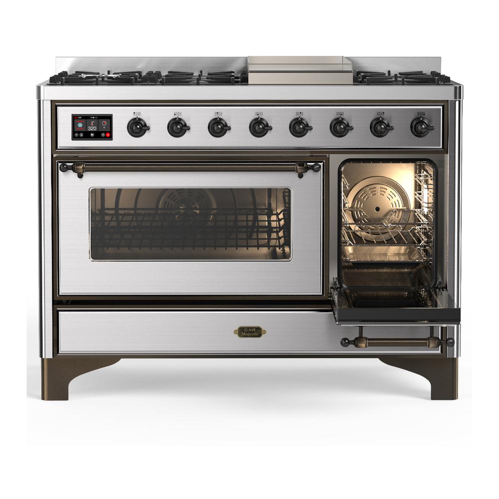 Ilve UM48FNR3SSB Ilve Um48Fnr3Ssb Majestic Iii 48 Inch Dual Fuel Range With 8 Burners And Griddle, Dual Function Burner Up To 25,000 Btu (Natural Gas, Triple Glass Door, Stainless Steel, Burnished)