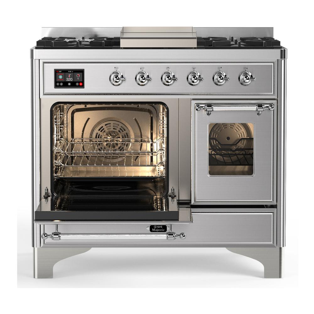 Ilve UMD40FNR3SSCLP Ilve Umd40Fnr3Ssclp Majestic Iii 40 Inch Dual Fuel Range With 6 Burners And Griddle, Dual Function Burner Up To 25,000 Btu (Liquid Propane, Triple Glass Door, Stainless Steel, Chrome)