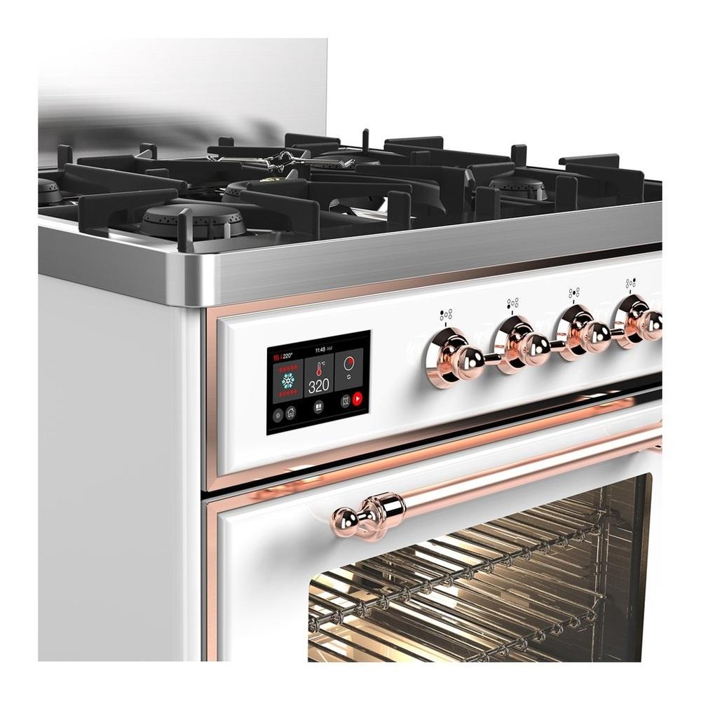 Ilve UM30NR3WHP Ilve Um30Nr3Whp Majestic Iii 30 Inch Dual Fuel Range With 5 Black Brass Burners, Dual Function Burner Up To 25,000 Btu (Natural Gas, Triple Glass Door, White, Copper)