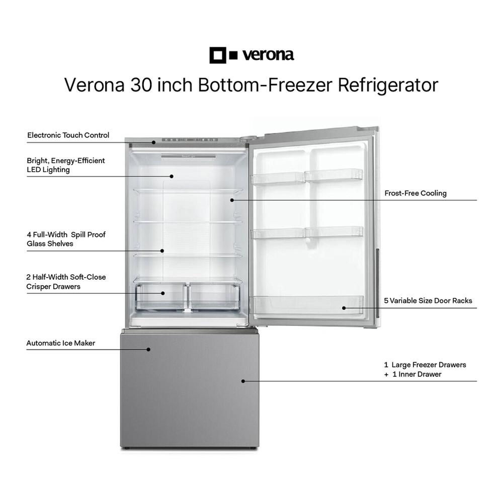 Verona VEFBF3017RISL Verona Vefbf3017Risl 30 Inch Freestanding Bottom Freezer Refrigerator With 17.6 Cu. Ft. Total Capacity, Automatic Ice Maker, Recessed Handle