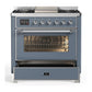 Ilve UM36FNR3BGC Ilve Um36Fnr3Bgc Majestic Iii 36 Inch Dual Fuel Range With 6 Black Brass Burners And Griddle, Dual Function Burner Up To 25,000 Btu (Triple Glass Door, Blue Grey, Chrome, Natural Gas)