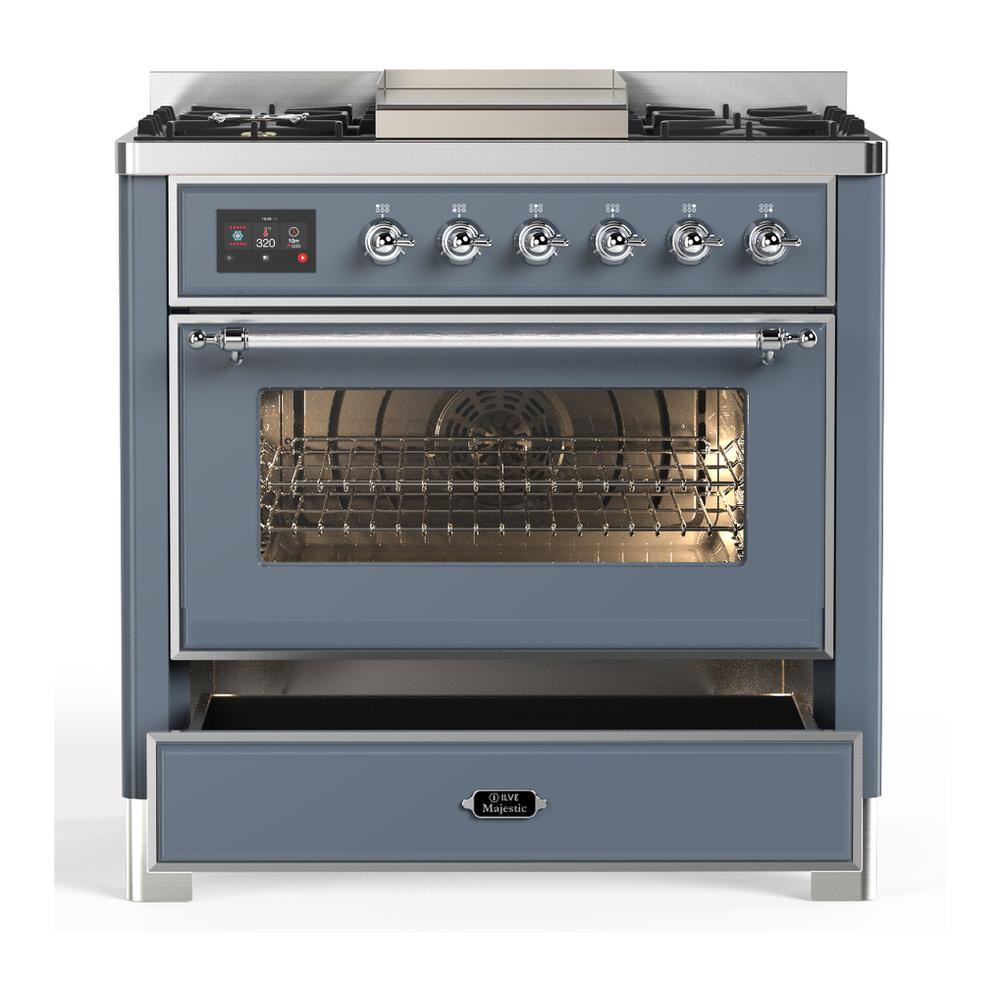 Ilve UM36FNR3BGC Ilve Um36Fnr3Bgc Majestic Iii 36 Inch Dual Fuel Range With 6 Black Brass Burners And Griddle, Dual Function Burner Up To 25,000 Btu (Triple Glass Door, Blue Grey, Chrome, Natural Gas)