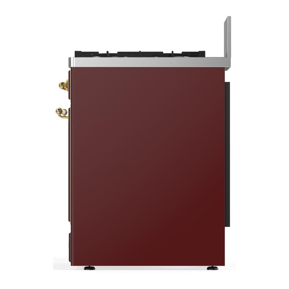 Ilve UM30QNR3BUGLP Ilve Um30Qnr3Buglp Majestic Iii 30 Inch Dual Fuel Range With 5 Black Brass Burners, Dual Function Burner Up To 25,000 Btu (Liquid Propane, Solid Door, Burgundy, Brass)