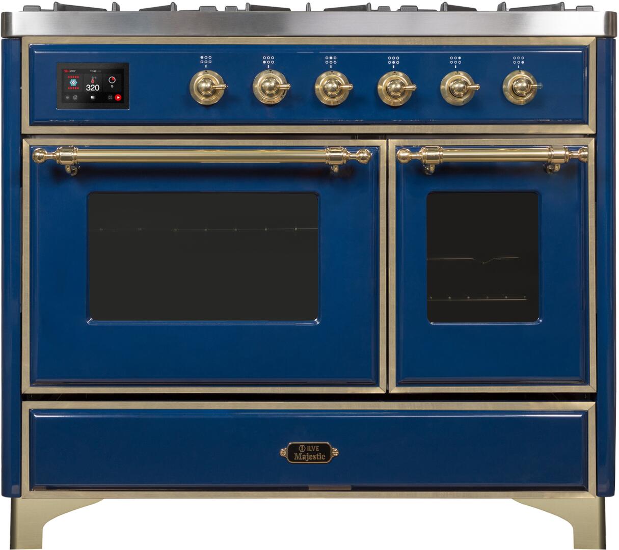 Ilve UMD10FDNS3MBG Majestic Ii 40 Inch Dual Fuel Natural Gas Freestanding Range In Blue With Brass Trim