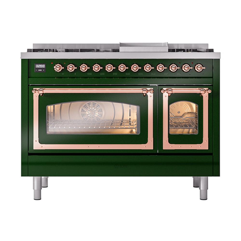 Ilve UN48FNMPEGP Ilve Un48Fnmpegp Nostalgie Ii Noblesse 48" Dual Fuel Range (8 Sealed Burners + Griddle, Natural Gas, Triple Glass Door, Emerald Green, Copper)