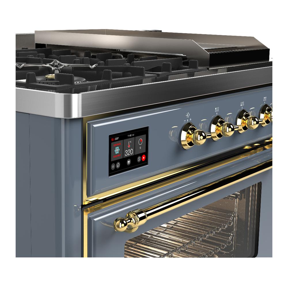 Ilve UM48FSNR3BGG Ilve Um48Fsnr3Bgg Majestic Iii 48 Inch Dual Fuel Range With 5 Black Brass Burners, Griddle And French Top, Dual Function Burner Up To 25,000 Btu (Natural Gas, Triple Glass Door, Blue Grey, Brass)
