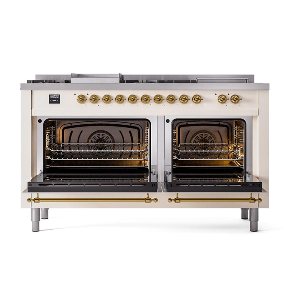 Ilve UN60FSNMPAWGLP Ilve Un60Fsnmpawglp Nostalgie Ii Noblesse 60" Dual Fuel Range (7 Sealed Burners + Griddle + French Top, Liquid Propane, Triple Glass Door, Antique White, Brass)