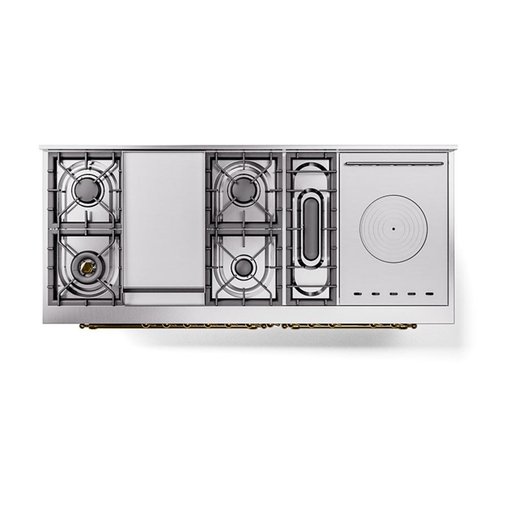Ilve UN60FSNMPSSGLP Ilve Un60Fsnmpssglp Nostalgie Ii Noblesse 60" Dual Fuel Range (7 Sealed Burners + Griddle + French Top, Liquid Propane, Triple Glass Door, Stainless Steel, Brass)