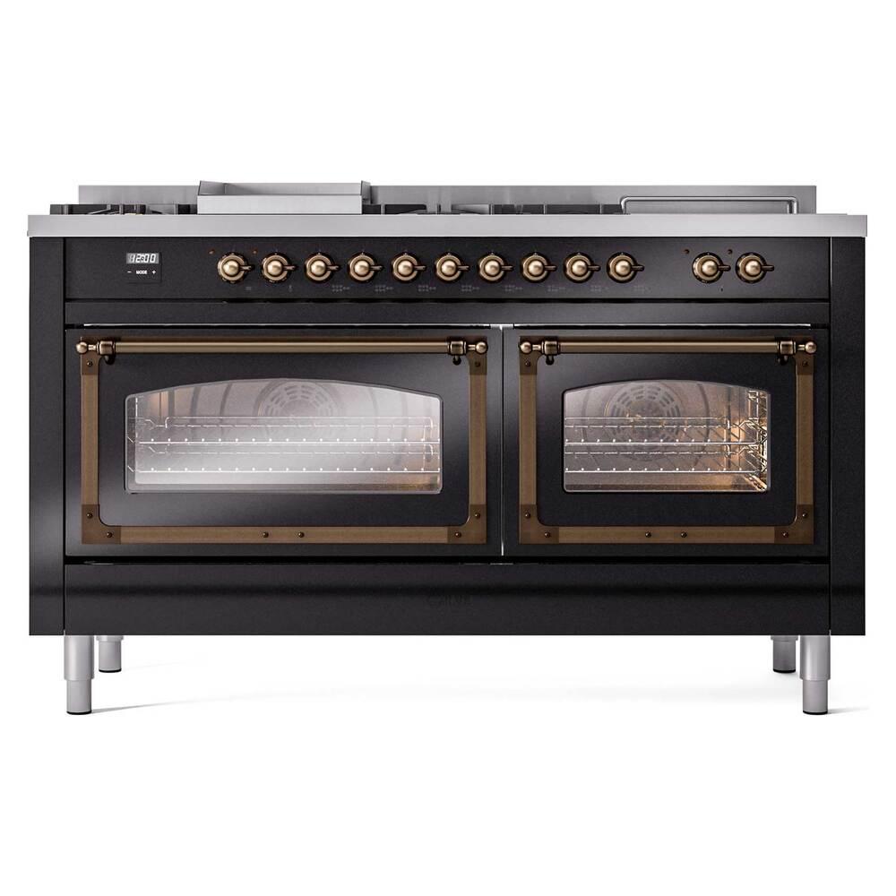 Ilve UN60FSNMPBKBLP Ilve Un60Fsnmpbkblp Nostalgie Ii Noblesse 60" Dual Fuel Range (7 Sealed Burners + Griddle + French Top, Liquid Propane, Triple Glass Door, Glossy Black, Burnished)