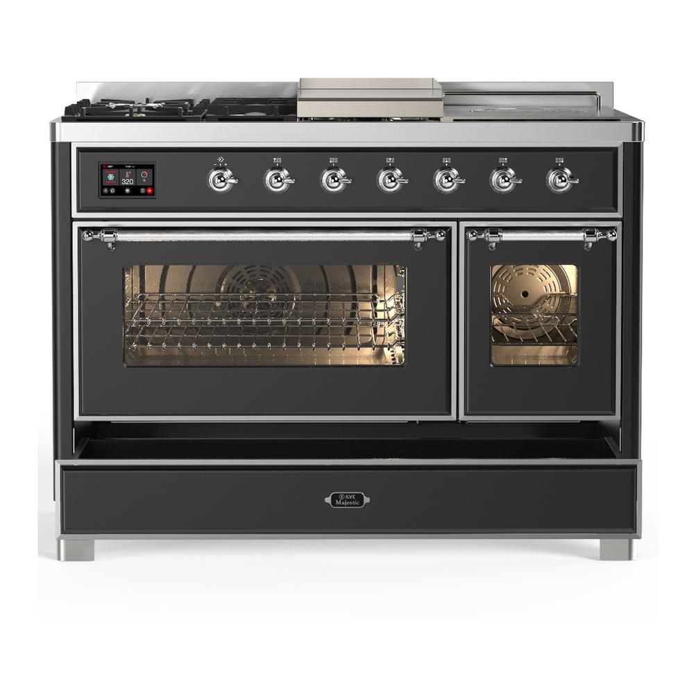 Ilve UM48FSNR3MGC Ilve Um48Fsnr3Mgc Majestic Iii 48 Inch Dual Fuel Range With 5 Black Brass Burners, Griddle And French Top, Dual Function Burner Up To 25,000 Btu (Natural Gas, Triple Glass Door, Graphite Matte, Chrome)