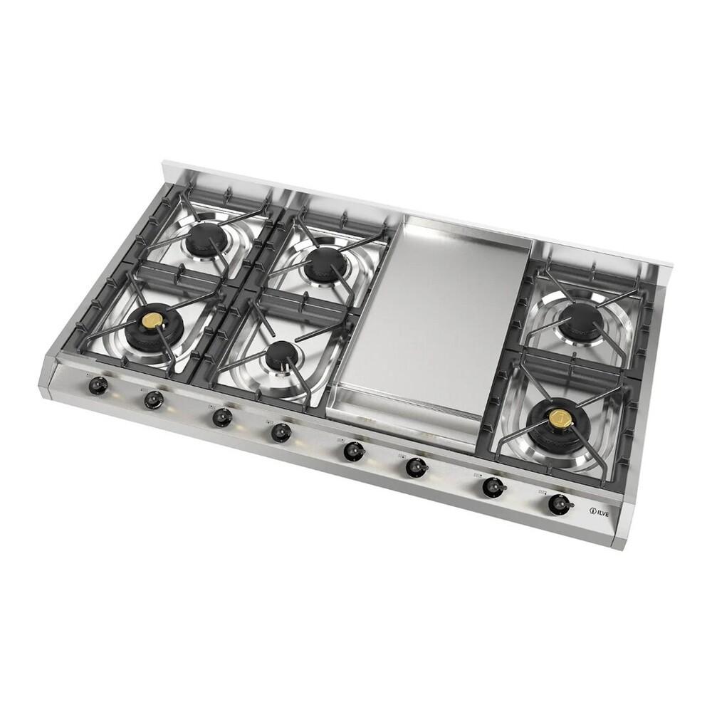 Ilve UHCP1265FNSSBLP Ilve Uhcp1265Fnssblp Nostalgie Ii 48 Inch Gas Cooktop With 8 Burners, Griddle, In Stainless Steel (Liquid Propane, Burnished)