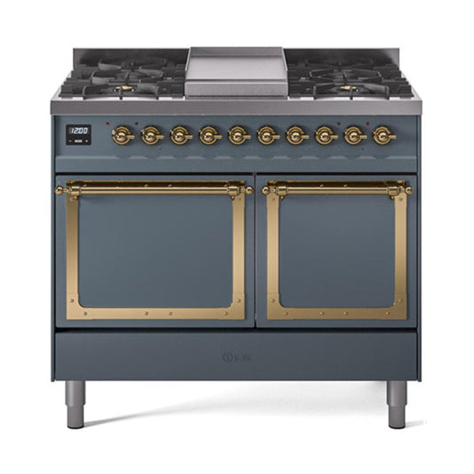 Ilve UND40FQNMPBGG Ilve Und40Fqnmpbgg Nostalgie Ii Noblesse 40" Dual Fuel Range (Natural Gas, Solid Door, Blue Grey, Brass)