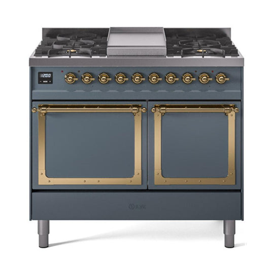 Ilve UND40FQNMPBGG Ilve Und40Fqnmpbgg Nostalgie Ii Noblesse 40" Dual Fuel Range (Natural Gas, Solid Door, Blue Grey, Brass)