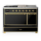 Ilve UM48FSQNR3BKG Ilve Um48Fsqnr3Bkg Majestic Iii 48 Inch Dual Fuel Range With 5 Black Brass Burners, Griddle And French Top, Dual Function Burner Up To 25,000 Btu (Natural Gas, Solid Door, Glossy Black, Brass)
