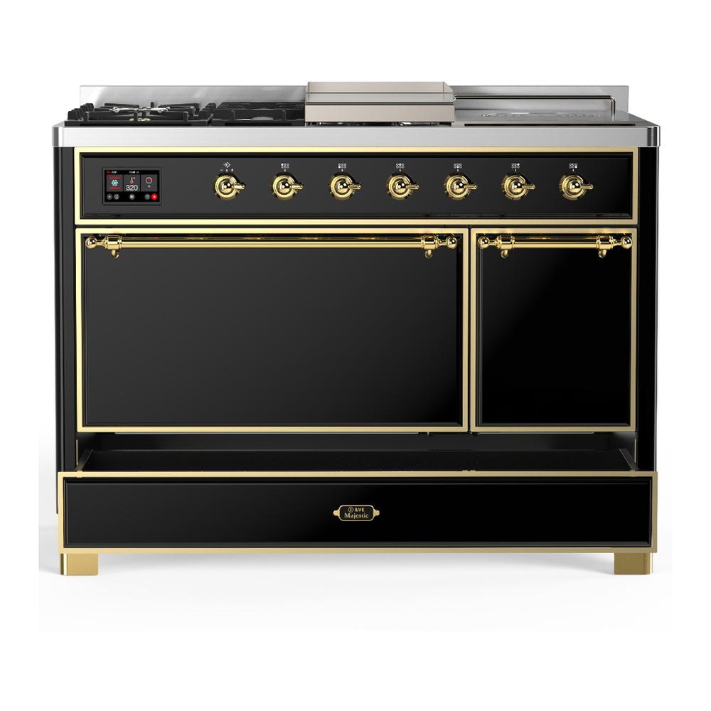 Ilve UM48FSQNR3BKG Ilve Um48Fsqnr3Bkg Majestic Iii 48 Inch Dual Fuel Range With 5 Black Brass Burners, Griddle And French Top, Dual Function Burner Up To 25,000 Btu (Natural Gas, Solid Door, Glossy Black, Brass)